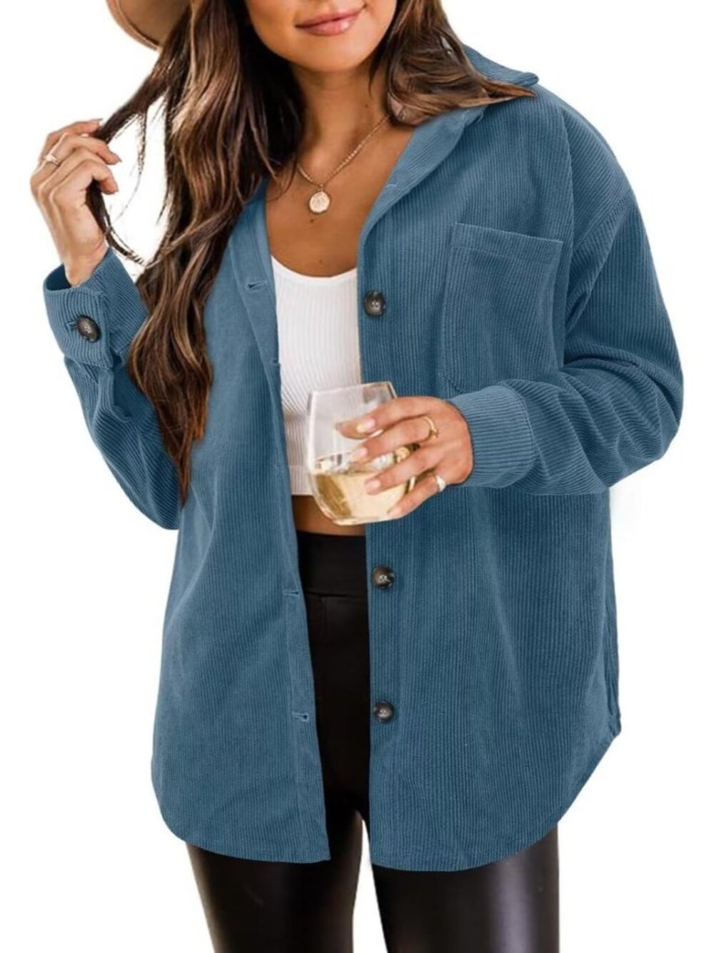 Women's Blue Oversized Corduroy Long Sleeve Button-down Utility Shacket Jacket